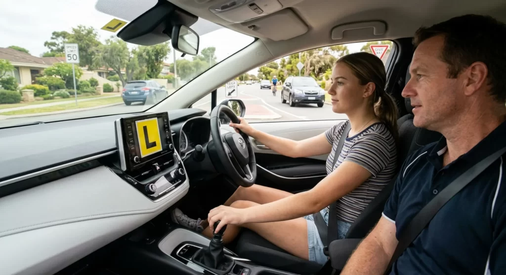 Learner driver practicing manual driving lessons Perth with instructor on suburban road