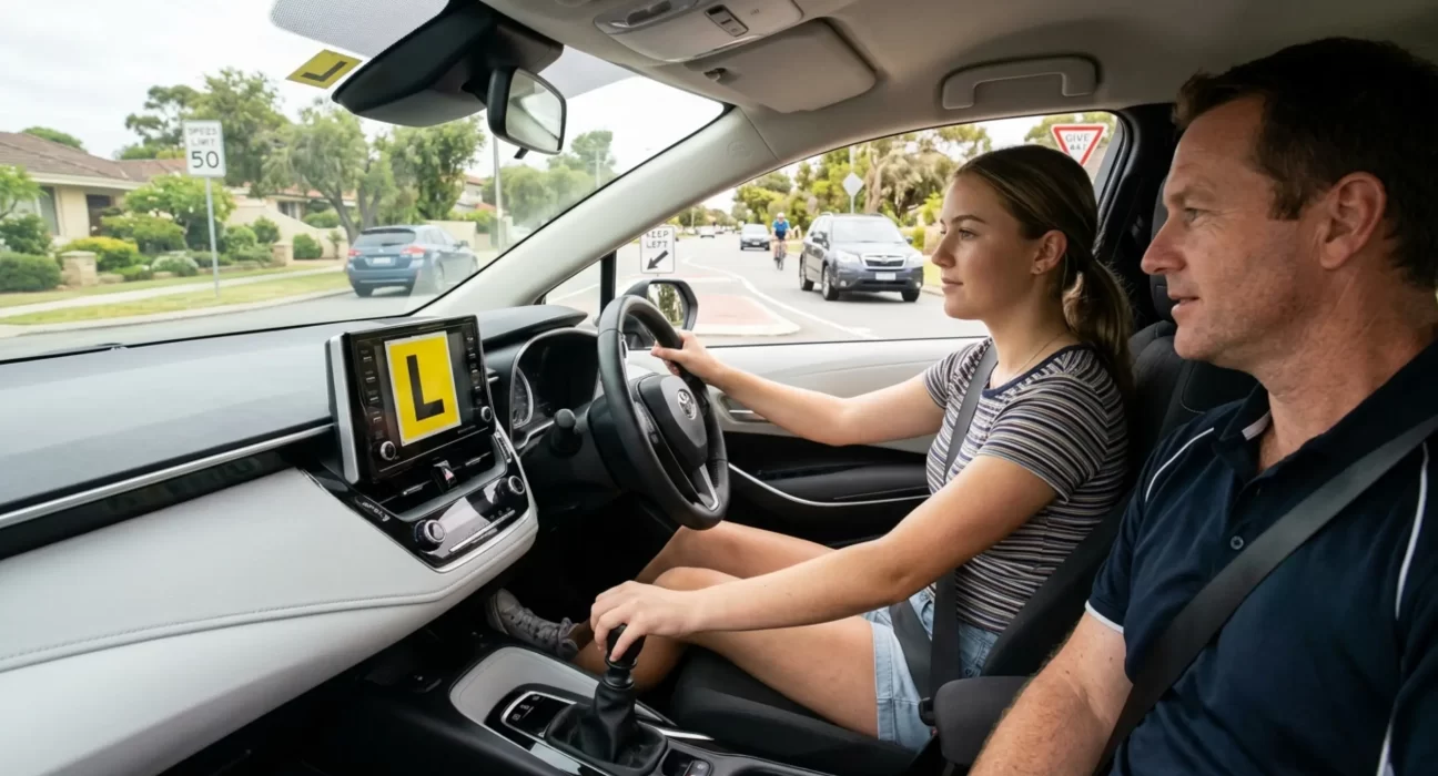 Learner driver practicing manual driving lessons Perth with instructor on suburban road