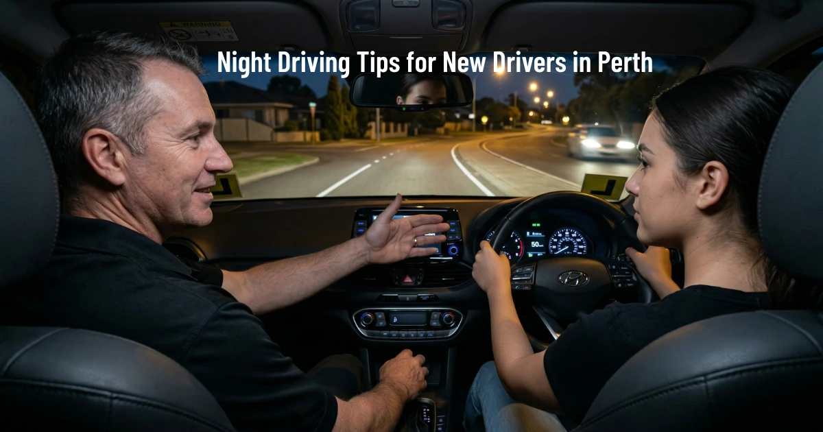 New driver practising night driving in Perth with instructor on a suburban road