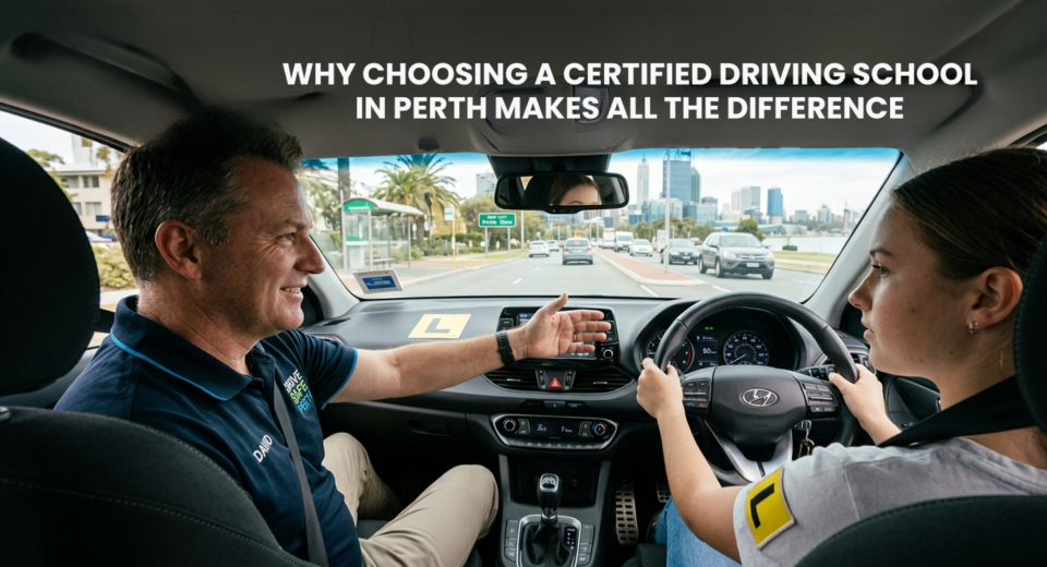 A focused young learner driver and a professional instructor in a dual-control car during a driving lesson in Perth, Australia.