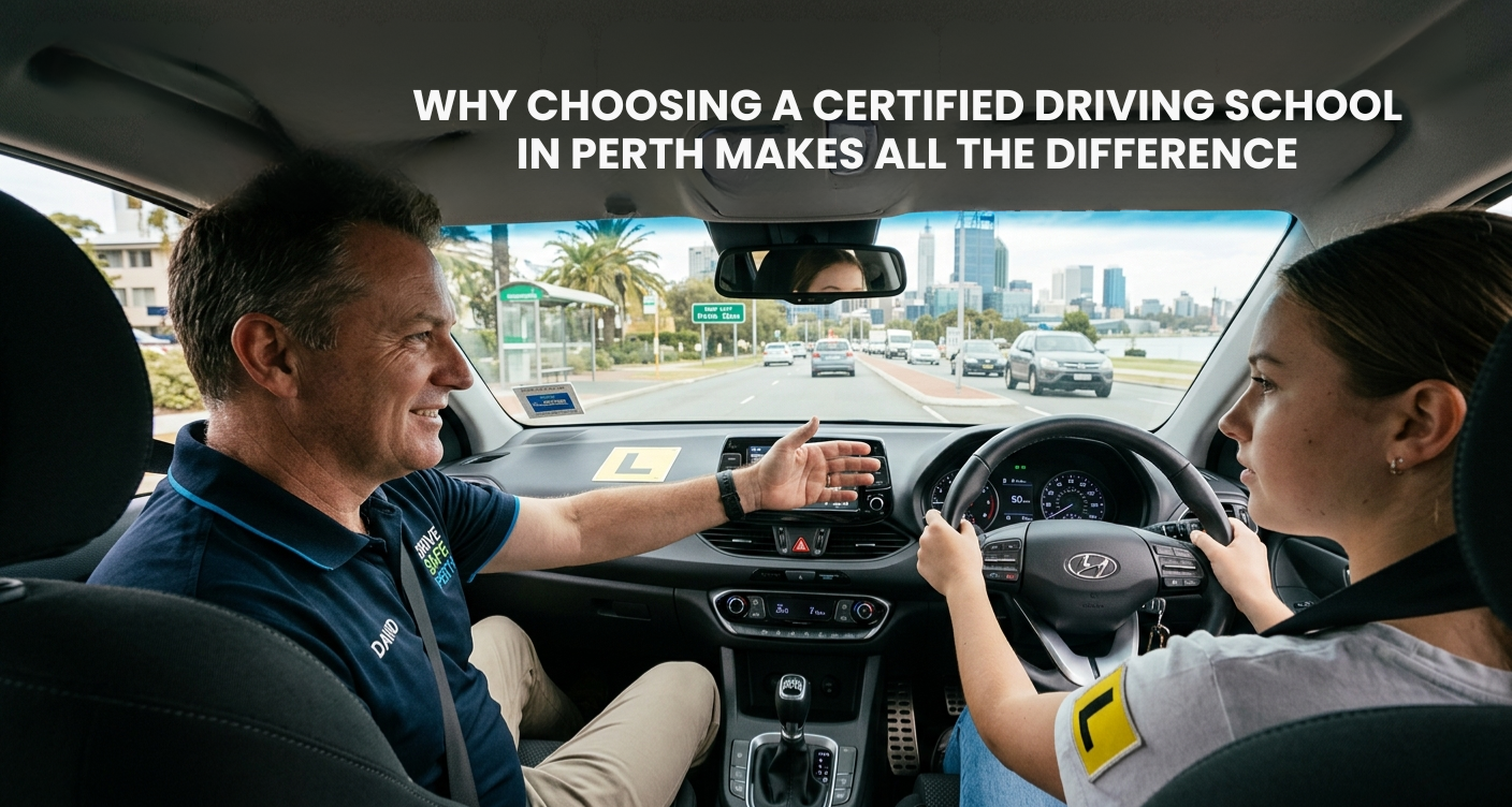 A focused young learner driver and a professional instructor in a dual-control car during a driving lesson in Perth, Australia.