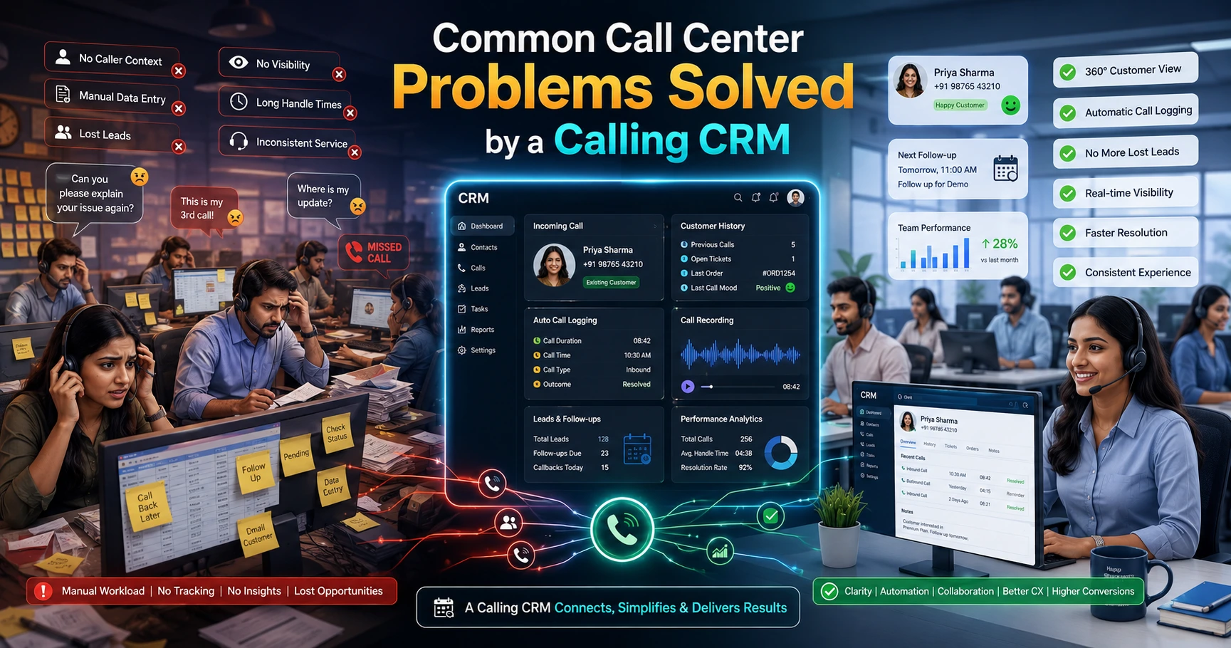 Split-screen showing a stressed call center agent handling spreadsheets and calls on one side, and a calm agent using a calling CRM dashboard with customer data, call logs, and analytics on the other side.
