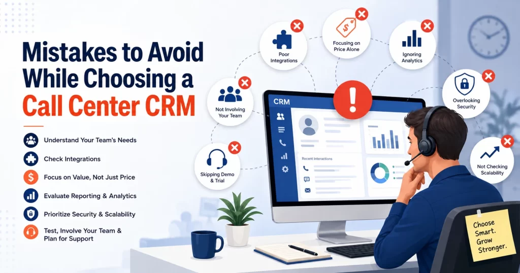Illustration of a call center agent reviewing a CRM dashboard with warning icons highlighting common CRM selection mistakes, including poor integrations, focusing only on price, ignoring analytics, overlooking security, skipping demos, and not checking scalability. The banner features the heading "Mistakes to Avoid While Choosing a Call Center CRM."