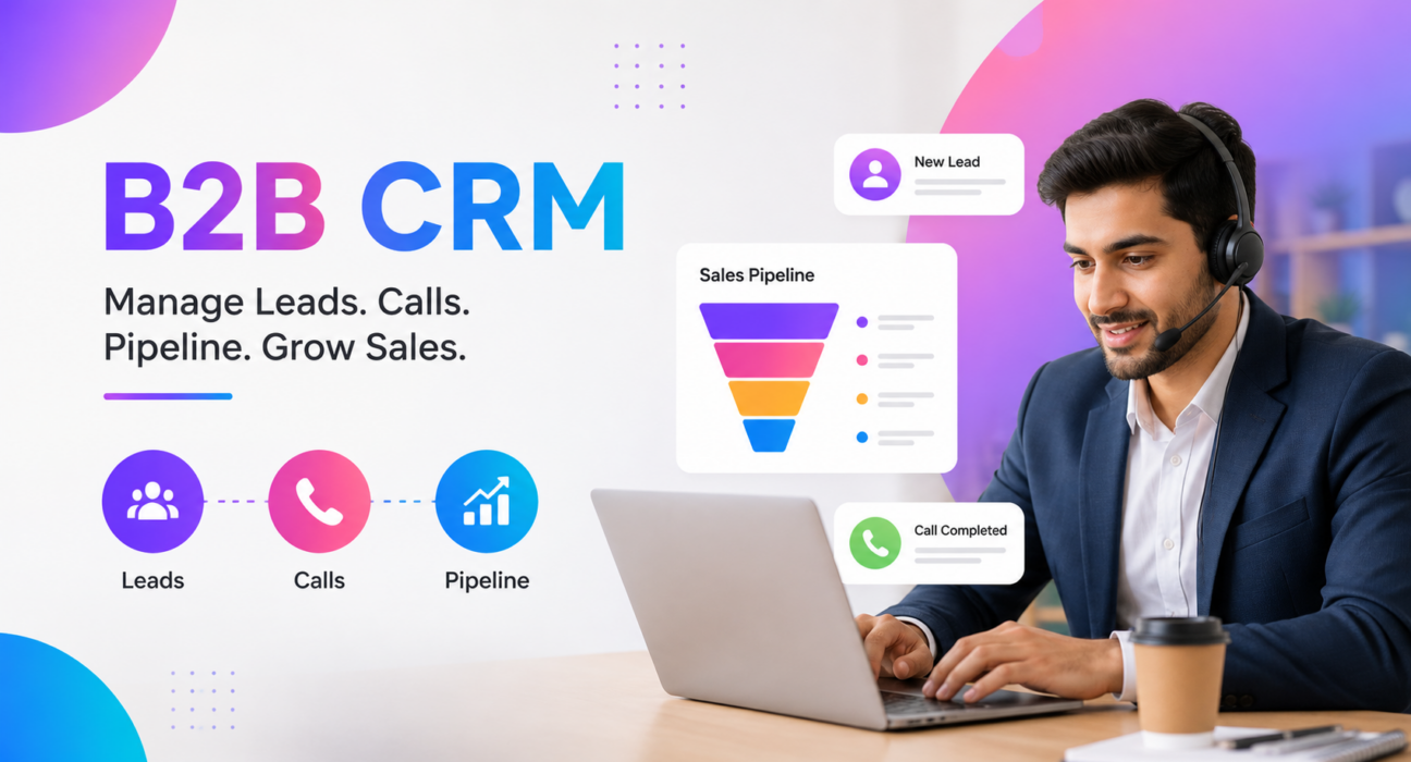 B2B CRM dashboard with a telecalling professional managing leads, calls and sales pipeline.
