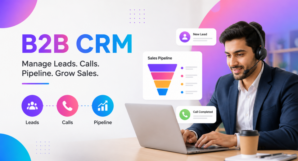 B2B CRM dashboard with a telecalling professional managing leads, calls and sales pipeline.