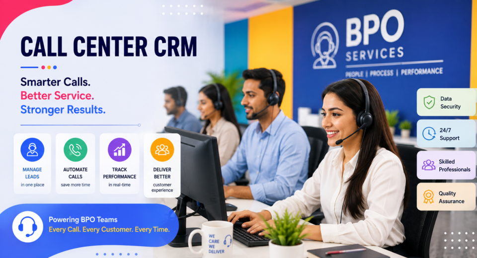 Call center CRM supporting BPO teams with headset agents and automated call management