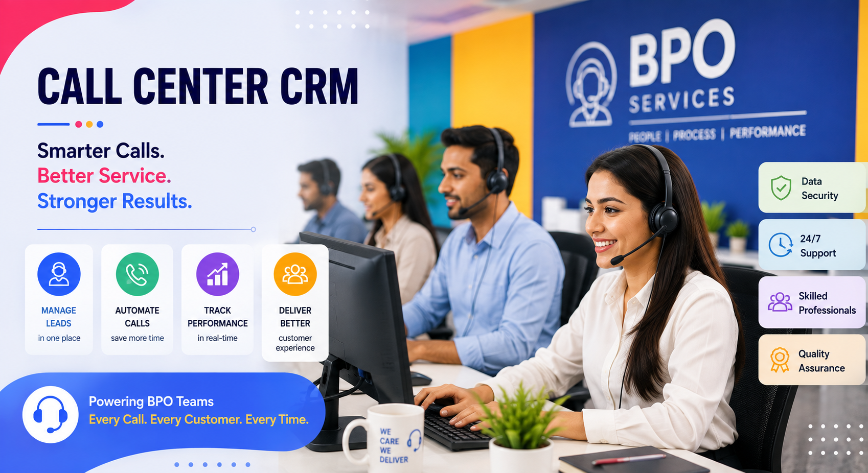 Call center CRM supporting BPO teams with headset agents and automated call management