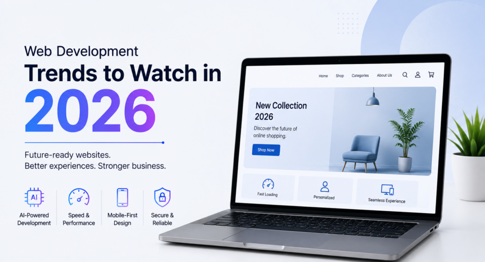 Web development trends 2026 banner showing a modern website on a laptop with AI, speed, mobile-first and security features.