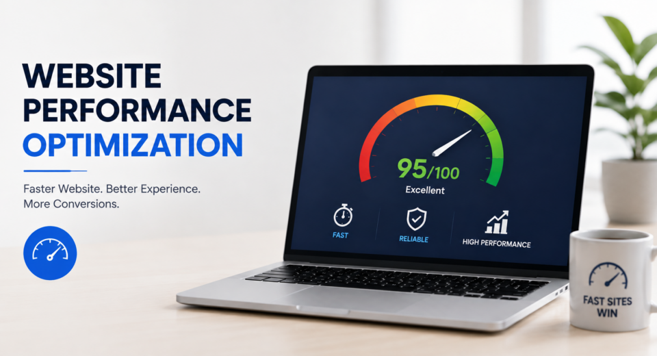 Website performance optimization banner showing a laptop with a high-speed performance score and fast, reliable web features.