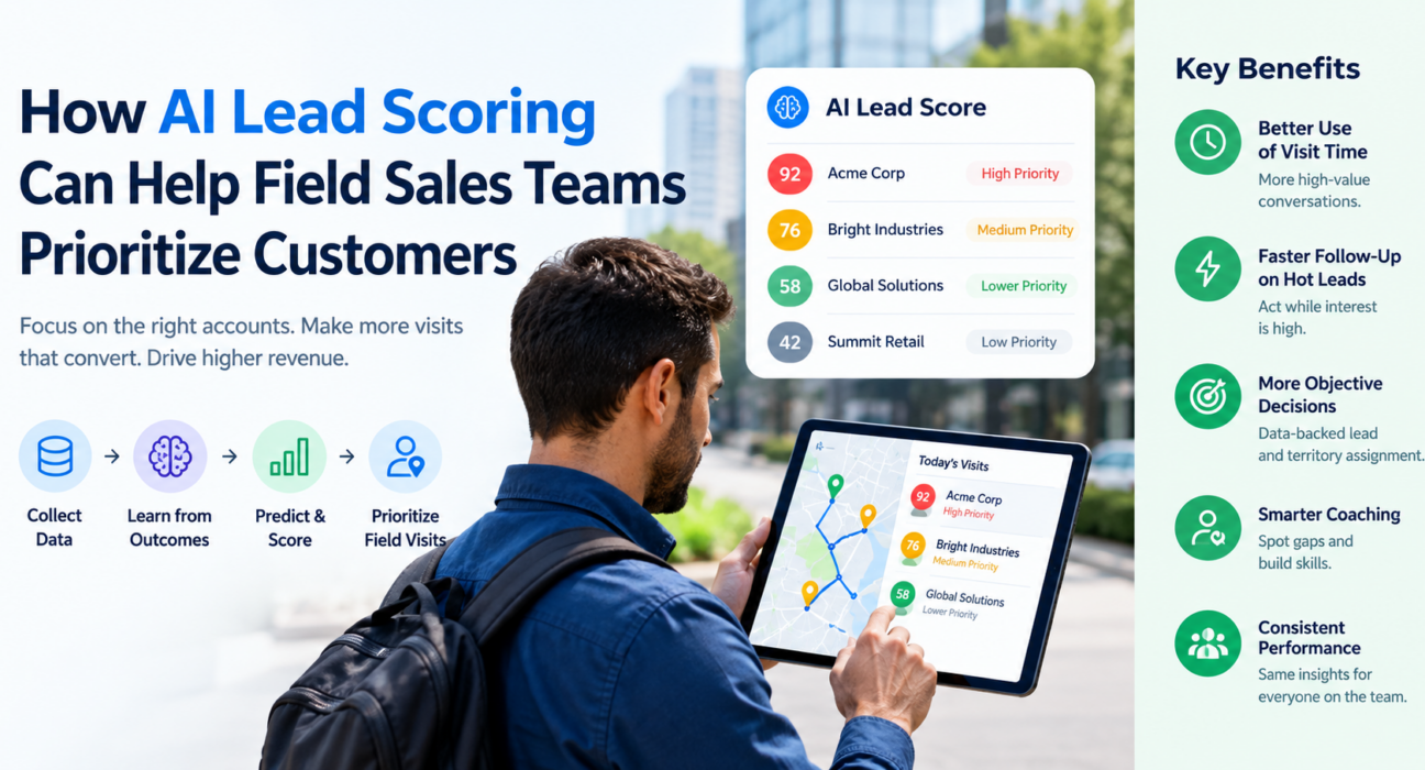 AI lead scoring dashboard helping field sales teams prioritize customers and plan high-value visits.