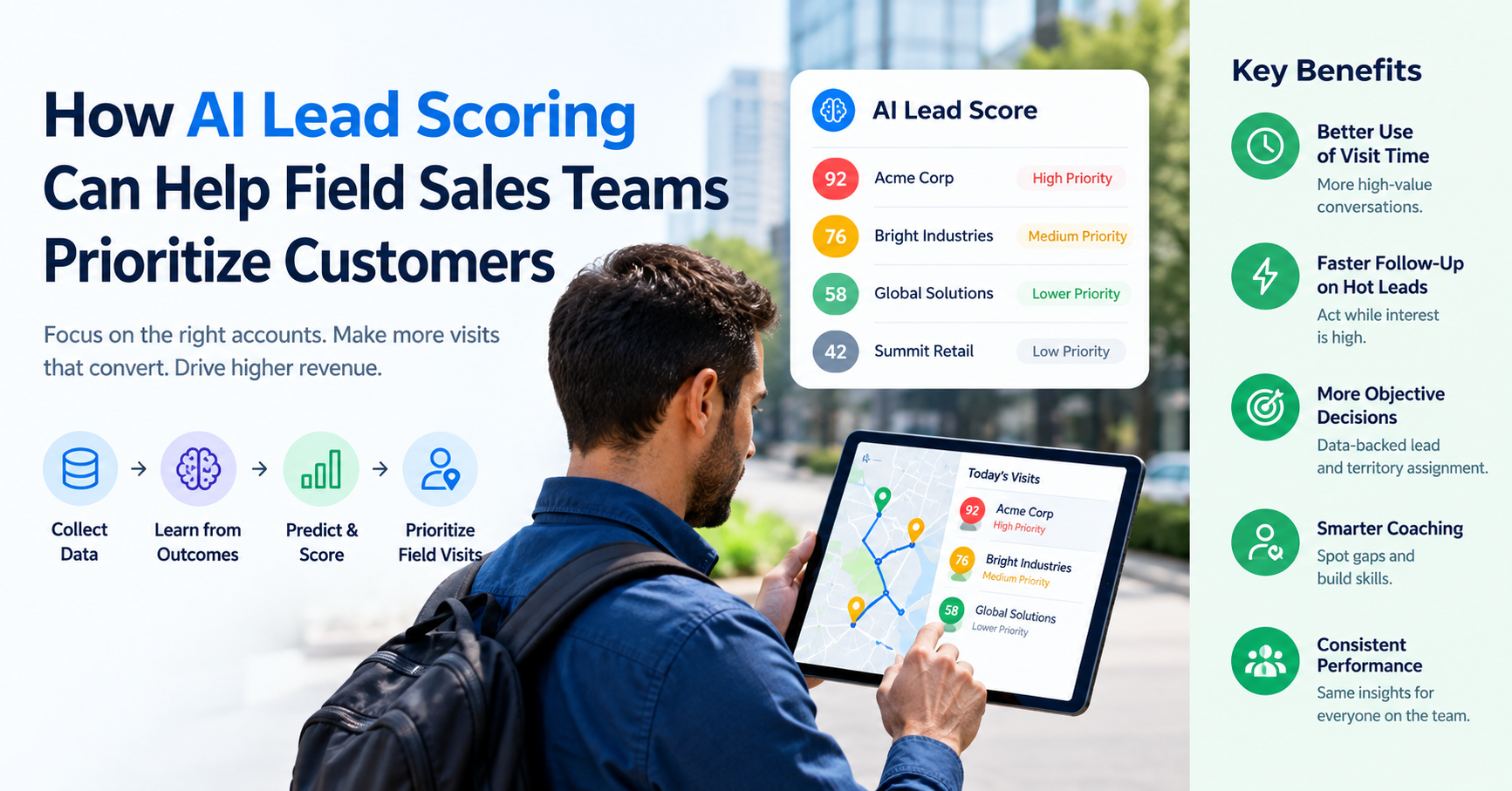 AI lead scoring dashboard helping field sales teams prioritize customers and plan high-value visits.