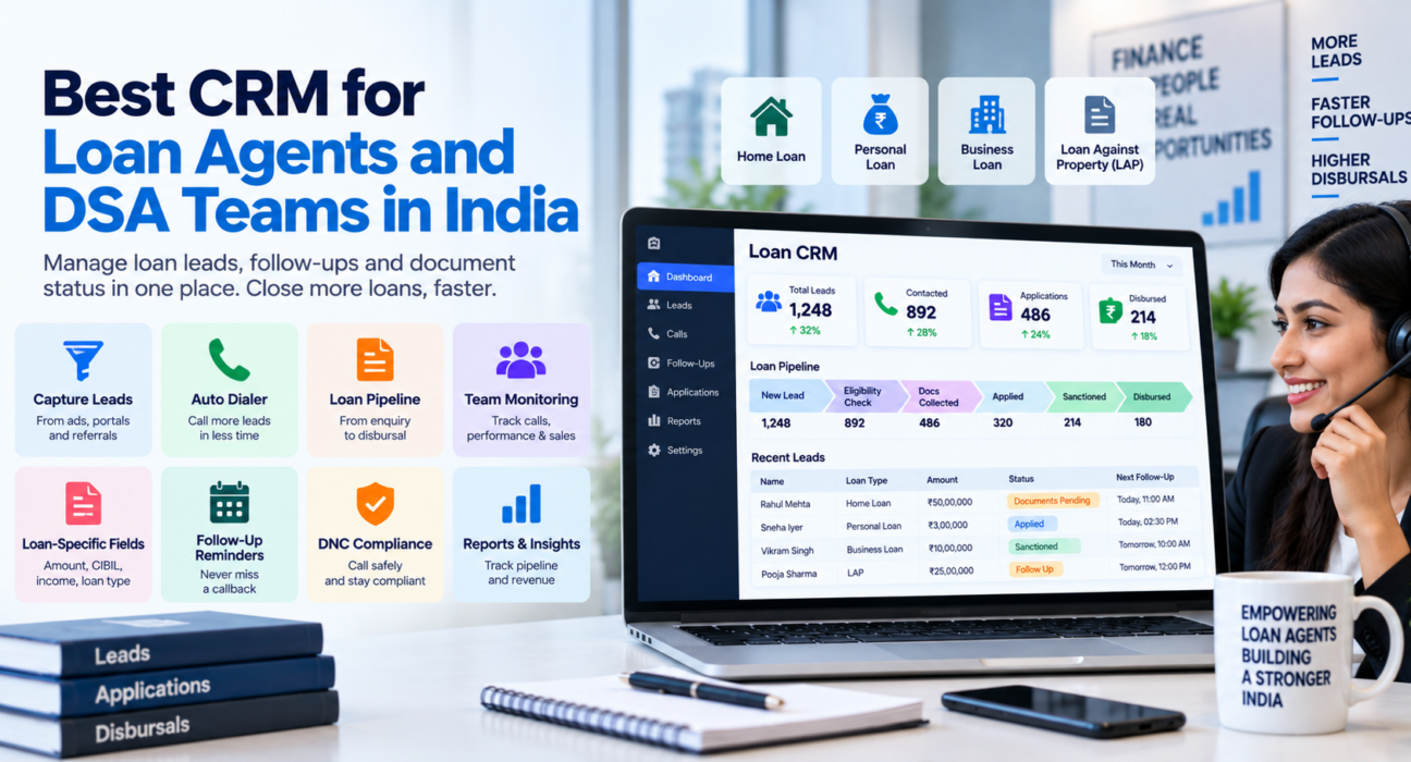 Loan agent CRM dashboard showing loan leads, applications, disbursals, follow-ups, and DSA team performance