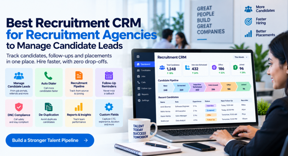 Recruitment CRM dashboard showing candidate leads, interview stages, offers, joined candidates, and recruiter performance