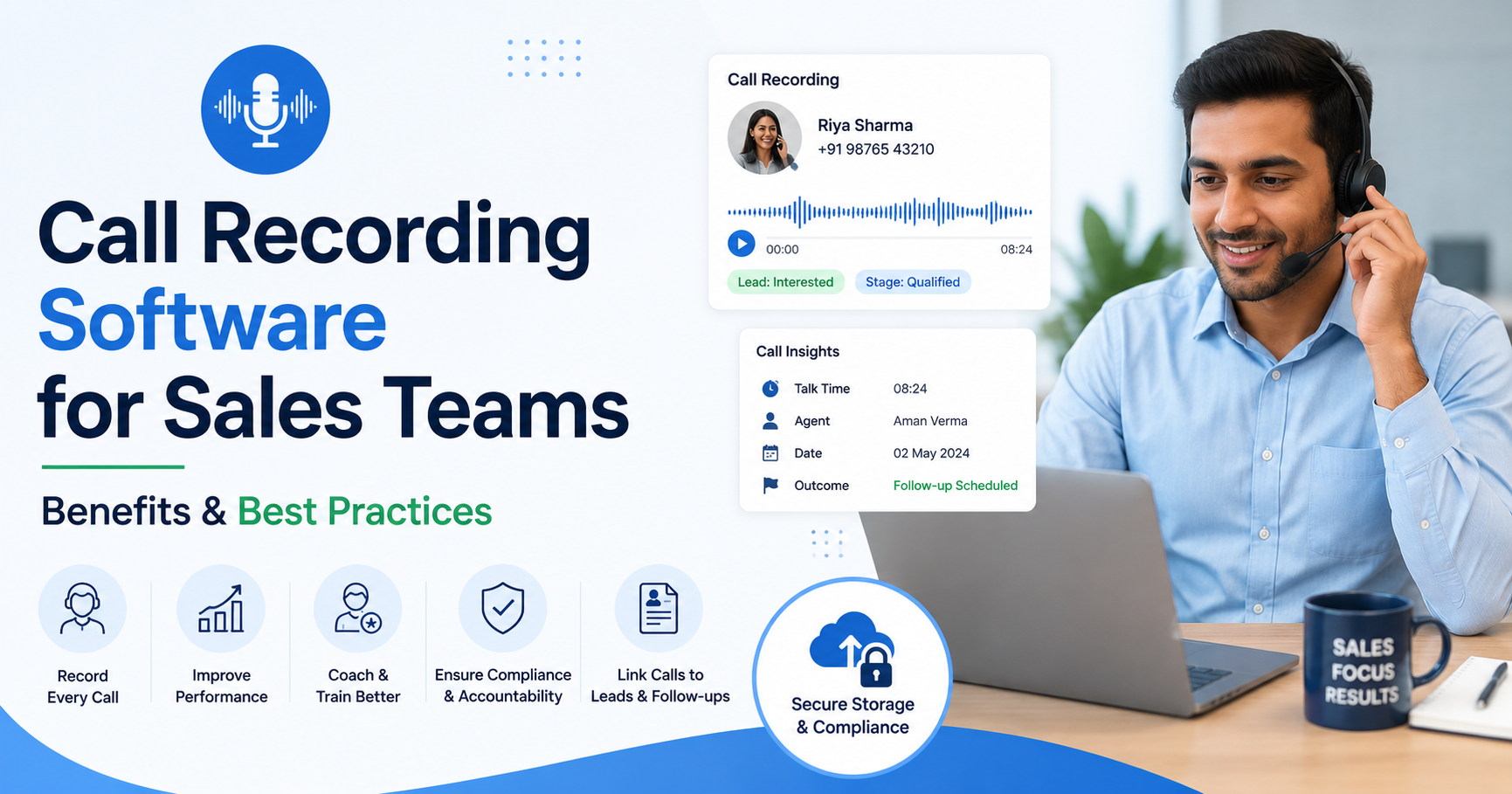 Call recording software for sales teams with call insights, performance tracking, coaching, and secure storage