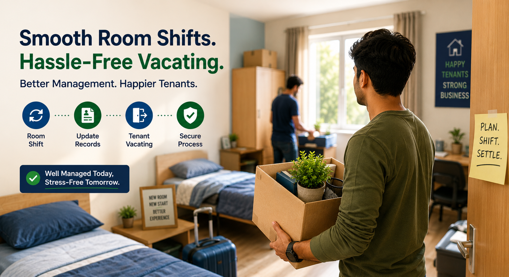 PG room shifting and tenant vacating process with organized packing and room management
