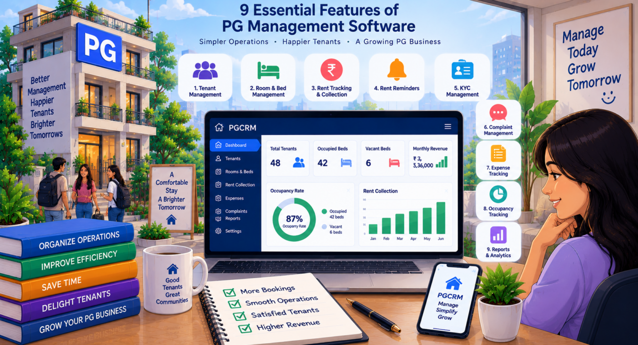 PG management software features for tenant management, room and bed tracking, rent collection, KYC, complaints, expenses, occupancy, and reports