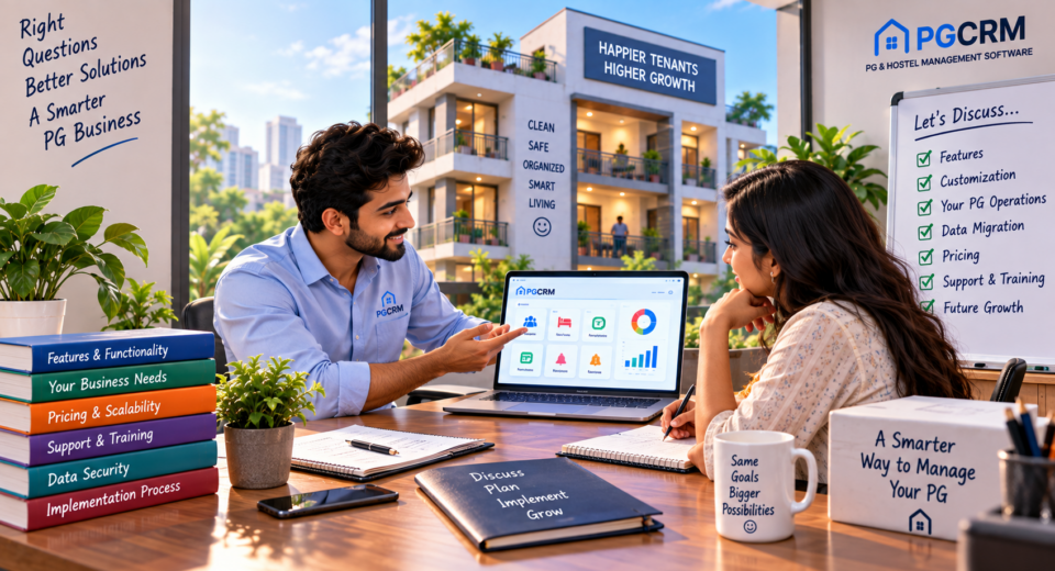 PG software consultation showing a PG owner discussing features, pricing, implementation, data security, support, and business needs with a software provider.