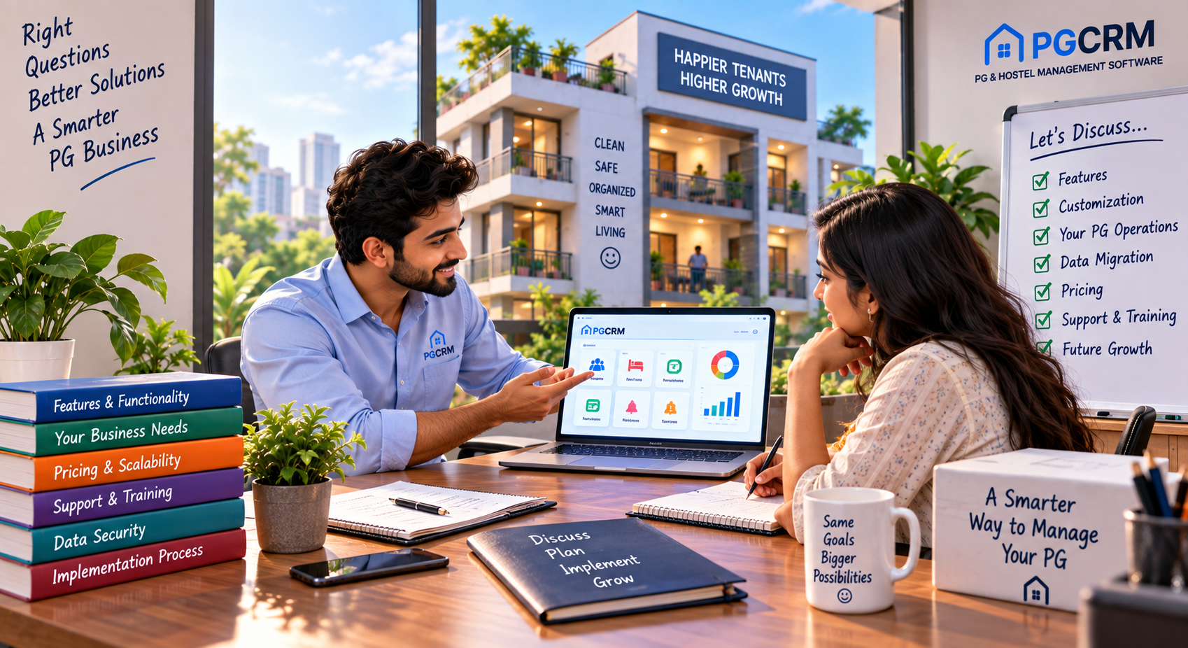 PG software consultation showing a PG owner discussing features, pricing, implementation, data security, support, and business needs with a software provider.
