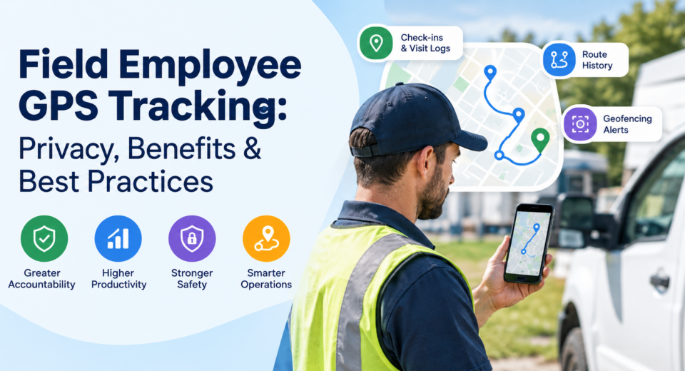 Field employee using GPS tracking on a smartphone with route history, geofencing alerts, and visit check-ins