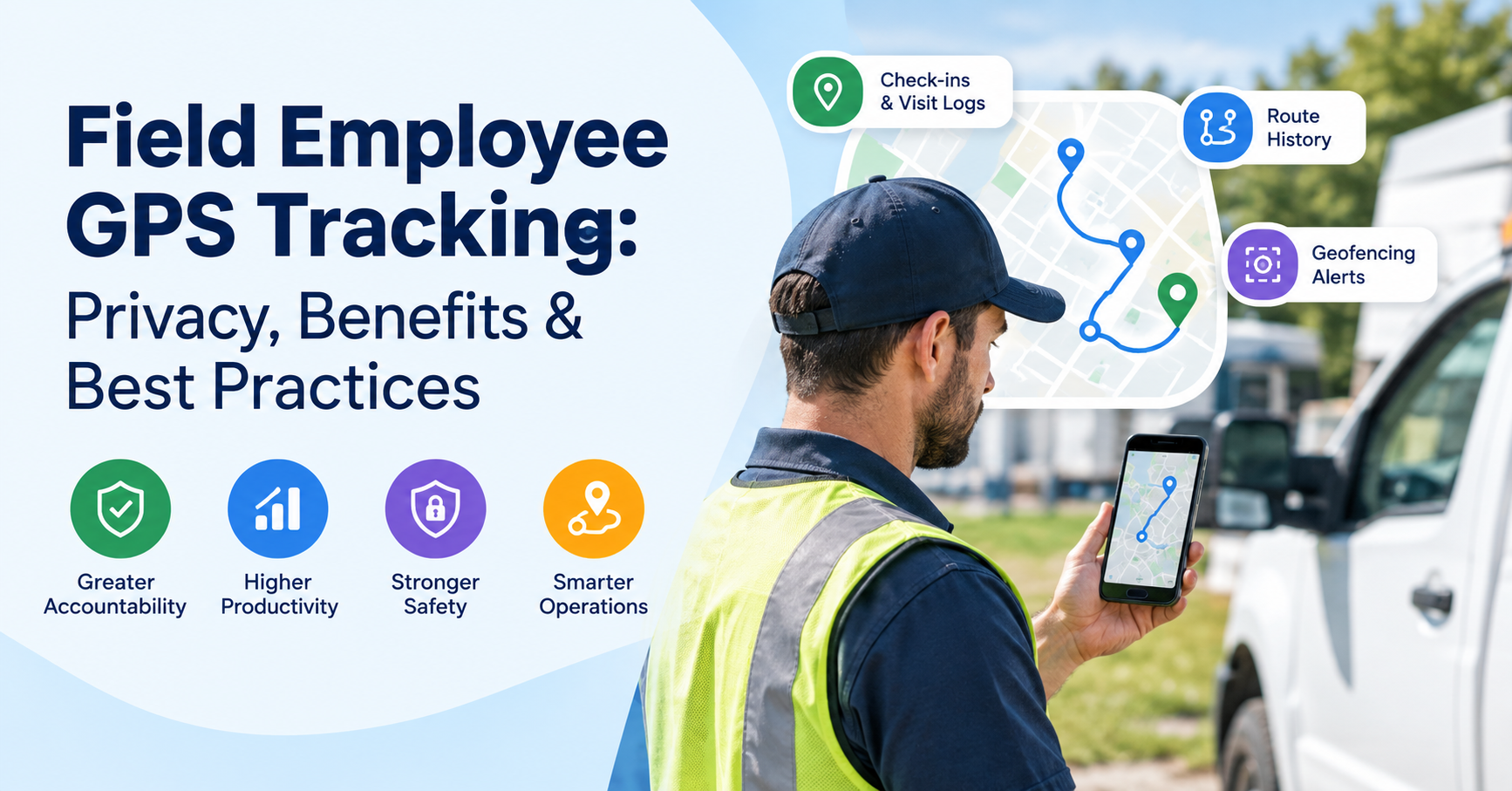 Field employee using GPS tracking on a smartphone with route history, geofencing alerts, and visit check-ins