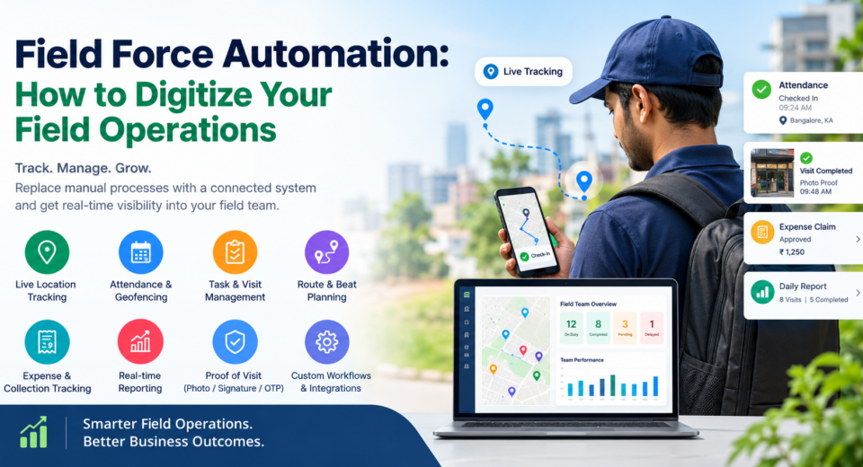 Field force automation software for tracking field teams, attendance, visits, routes, expenses, and real-time reporting