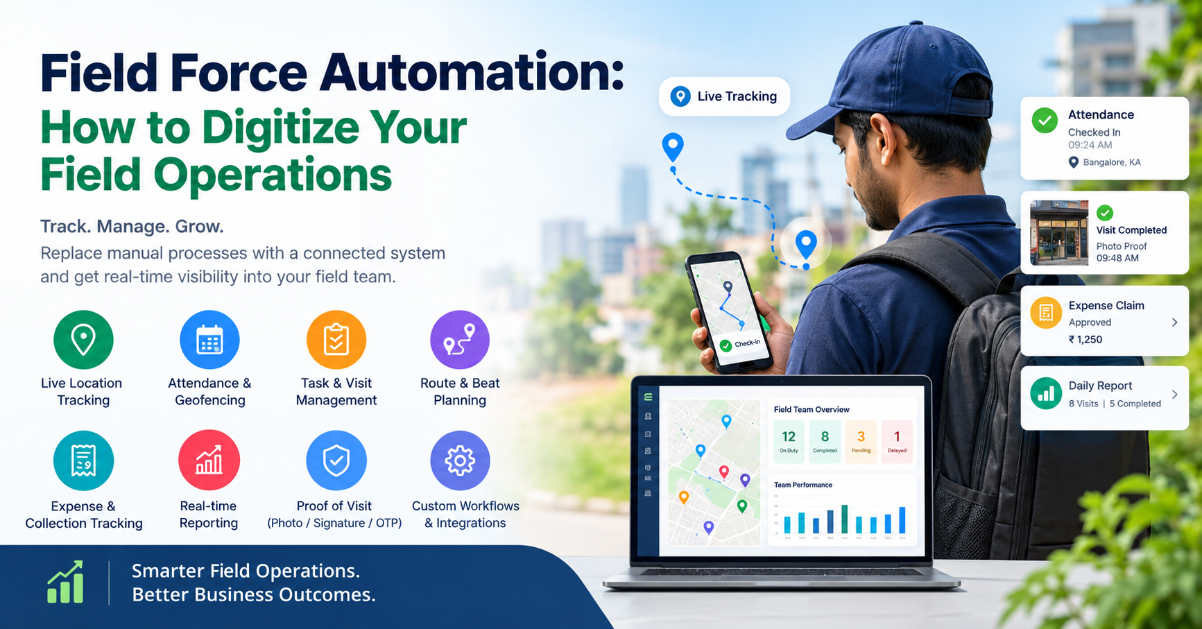 Field force automation software for tracking field teams, attendance, visits, routes, expenses, and real-time reporting