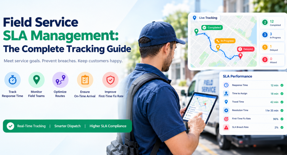 Field service SLA management dashboard showing GPS tracking, technician activity, SLA performance metrics, and service status