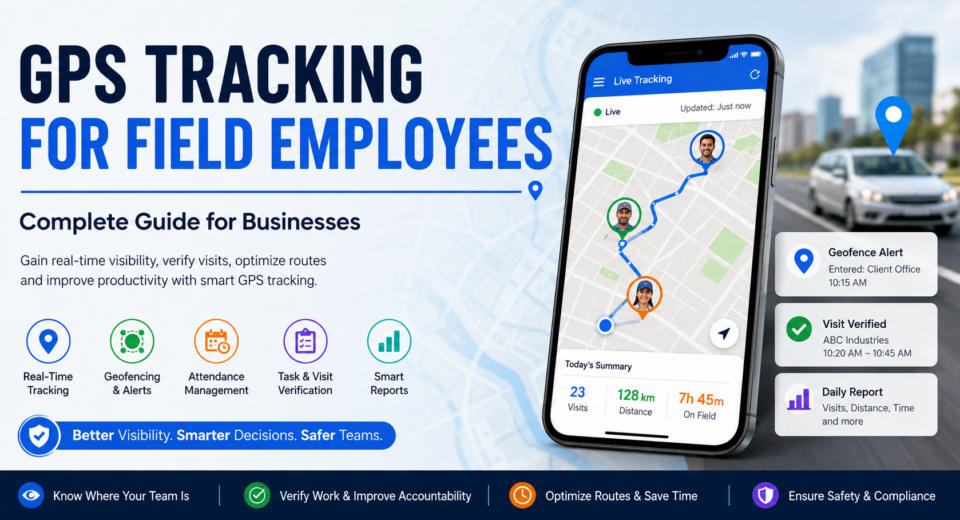 GPS tracking for field employees showing real-time location tracking, geofencing, attendance, visit verification, route optimization, and reporting