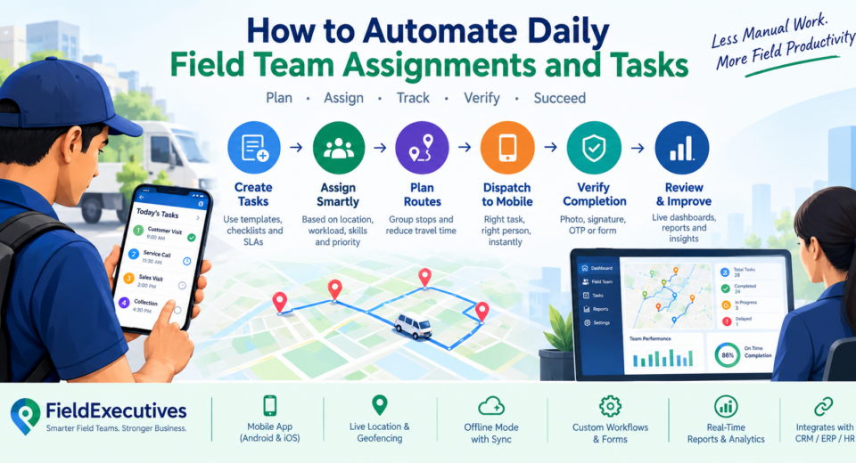 Infographic showing how field task management software automates daily team assignments, route planning, task tracking, and completion verification