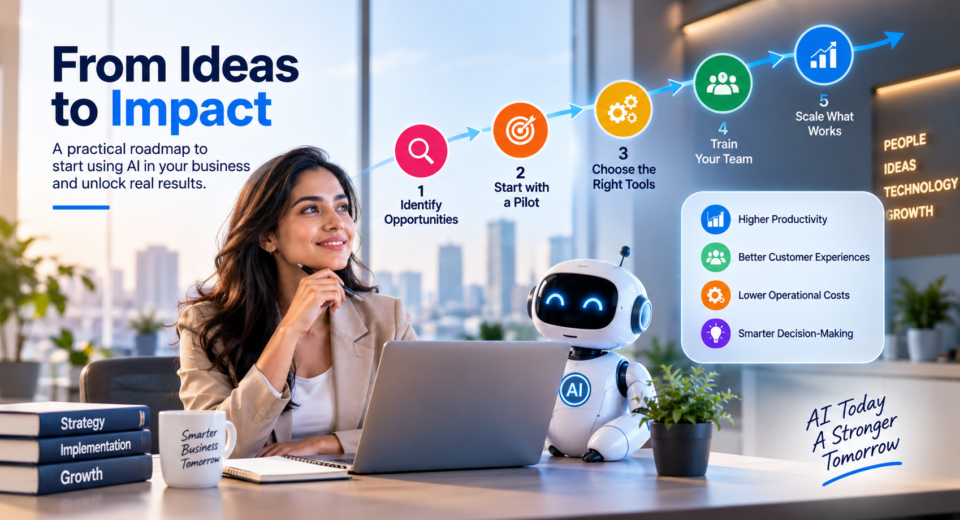 AI adoption for businesses with a professional using AI technology to improve productivity and business operations.