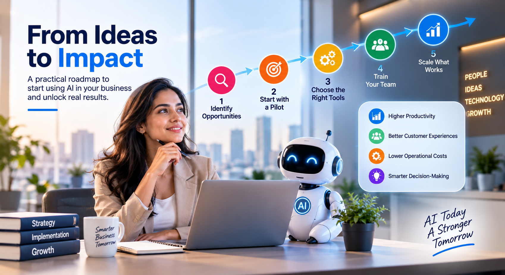 AI adoption for businesses with a professional using AI technology to improve productivity and business operations.