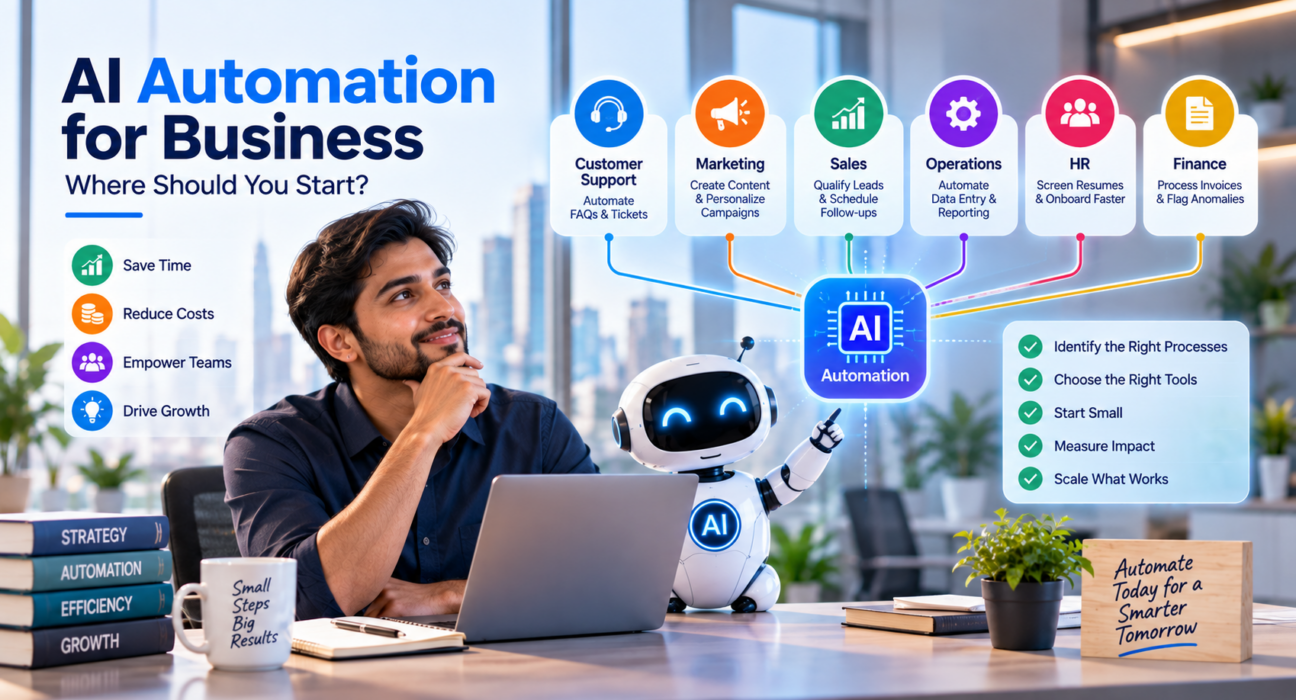 AI automation for business showing automated workflows across customer support, marketing, sales, operations, HR, and finance.