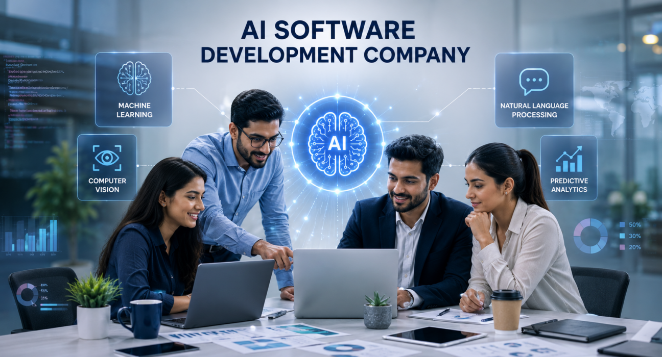 AI software development company team collaborating on machine learning and AI solutions