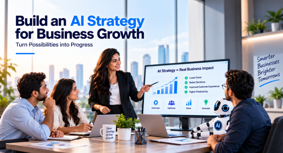 Business team developing an AI strategy with AI technology, business goals, data readiness, and growth planning.