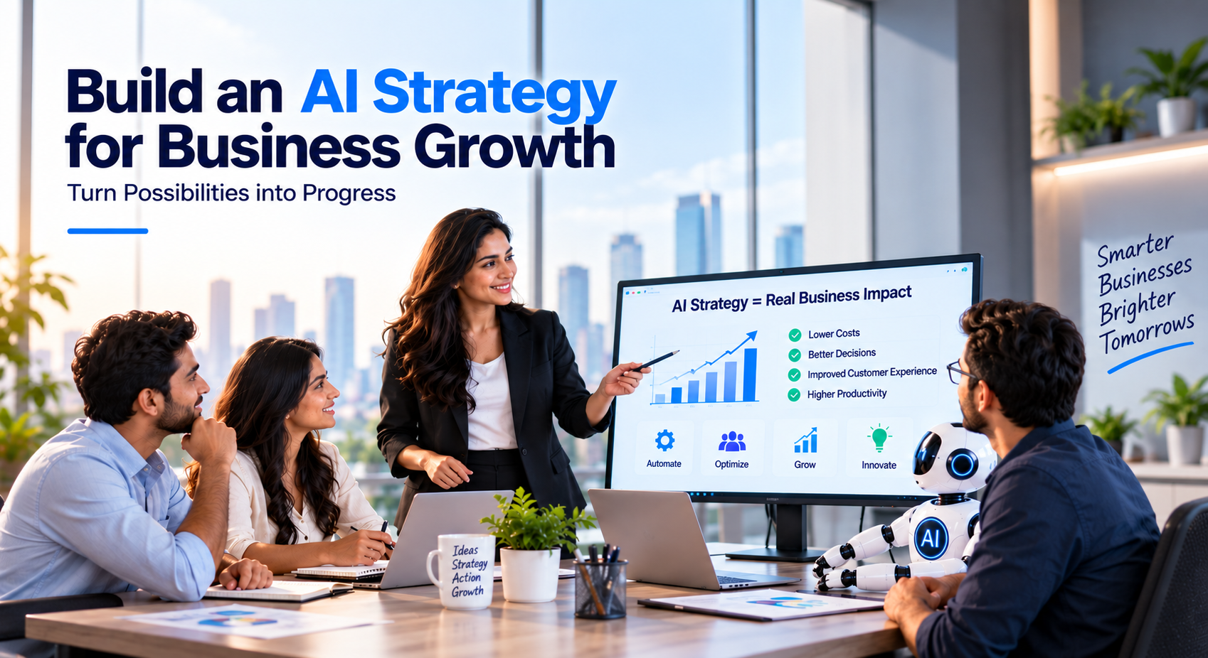 Business team developing an AI strategy with AI technology, business goals, data readiness, and growth planning.