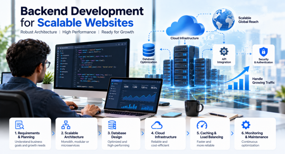 Backend development companies building scalable websites with cloud infrastructure, databases, APIs, and load balancing