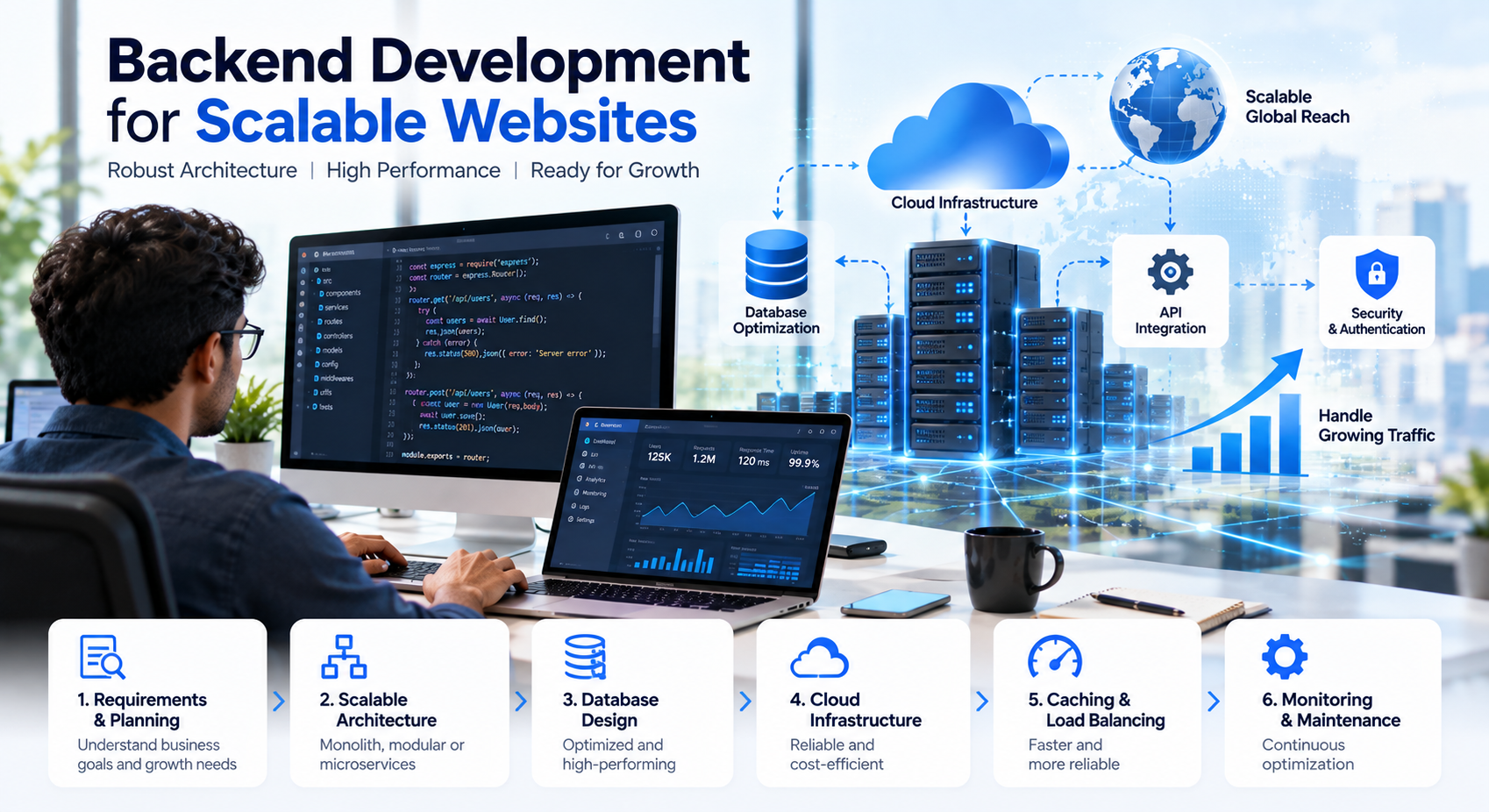 Backend development companies building scalable websites with cloud infrastructure, databases, APIs, and load balancing