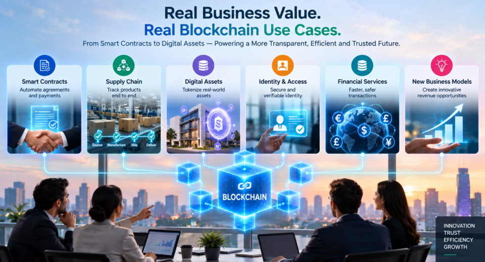 Illustration showing blockchain use cases for businesses, including smart contracts, supply chains, digital assets, identity, and financial services.