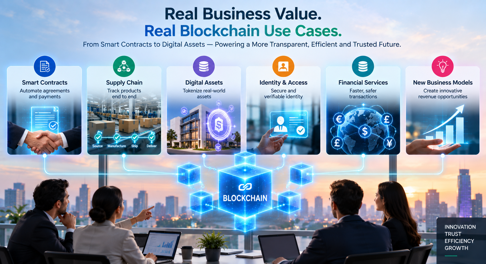 Illustration showing blockchain use cases for businesses, including smart contracts, supply chains, digital assets, identity, and financial services.