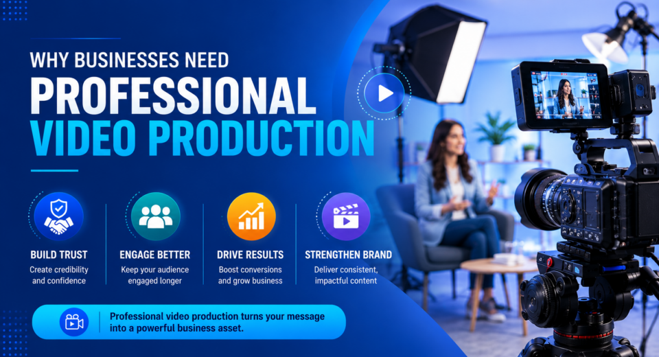 Professional video production setup with a camera filming a business presenter in a studio.