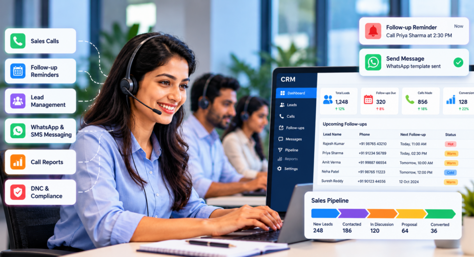 CRM dashboard showing sales calls, follow-up reminders, lead management, messaging, reports, and sales pipeline tracking