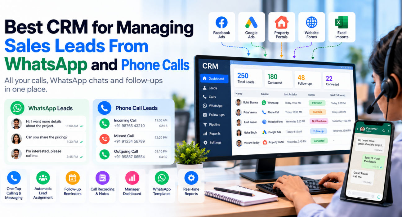 CRM dashboard for managing sales leads from WhatsApp and phone calls, featuring lead tracking, automatic assignment, call logging, follow-up reminders, and real-time reports.
