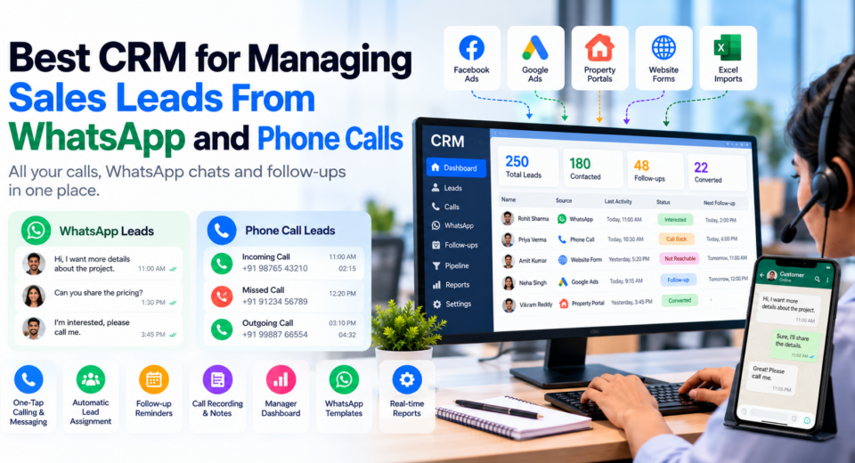 CRM dashboard for managing sales leads from WhatsApp and phone calls, featuring lead tracking, automatic assignment, call logging, follow-up reminders, and real-time reports.
