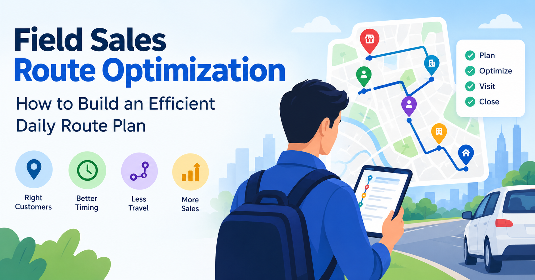 Field sales representative using route optimization software to plan customer visits, improve travel efficiency, and manage daily sales routes.