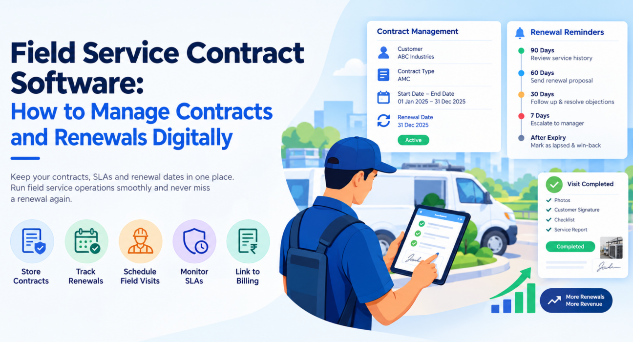 Field service contract software infographic showing digital contract management, renewal reminders, SLA monitoring, scheduled field visits, and service completion tracking.