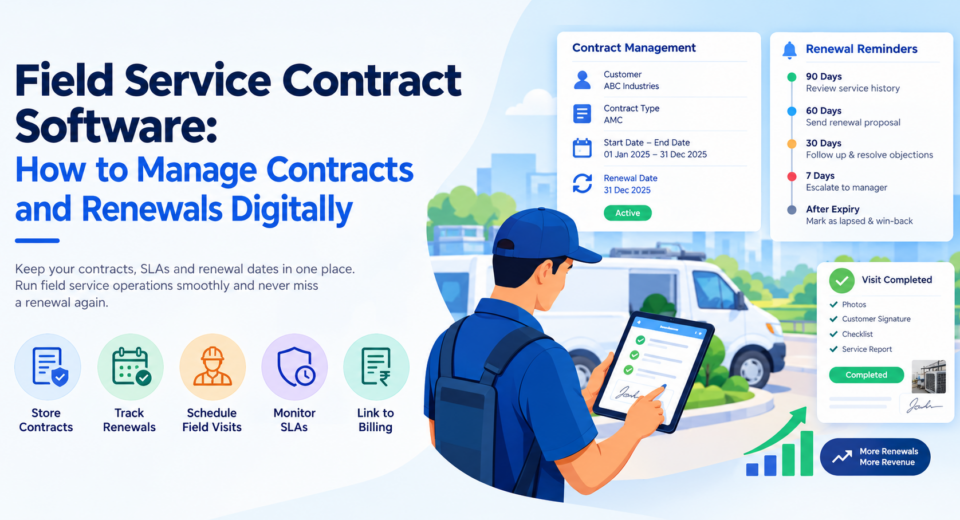 Field service contract software infographic showing digital contract management, renewal reminders, SLA monitoring, scheduled field visits, and service completion tracking.