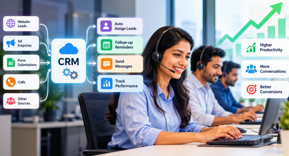 CRM automation helping a telecalling sales team manage leads, follow-ups, messaging, and performance tracking