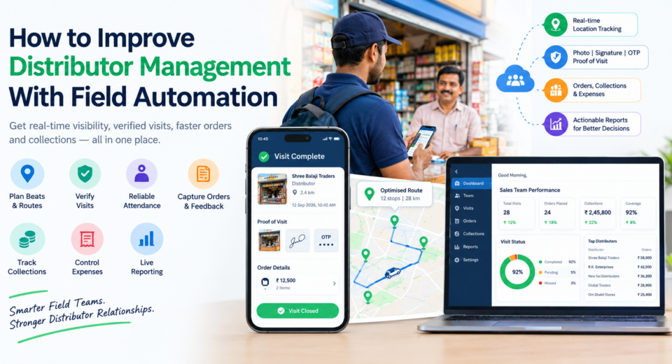 Distributor management with field automation featuring GPS tracking, verified field visits, beat planning, order capture, collection tracking, and real-time reporting.