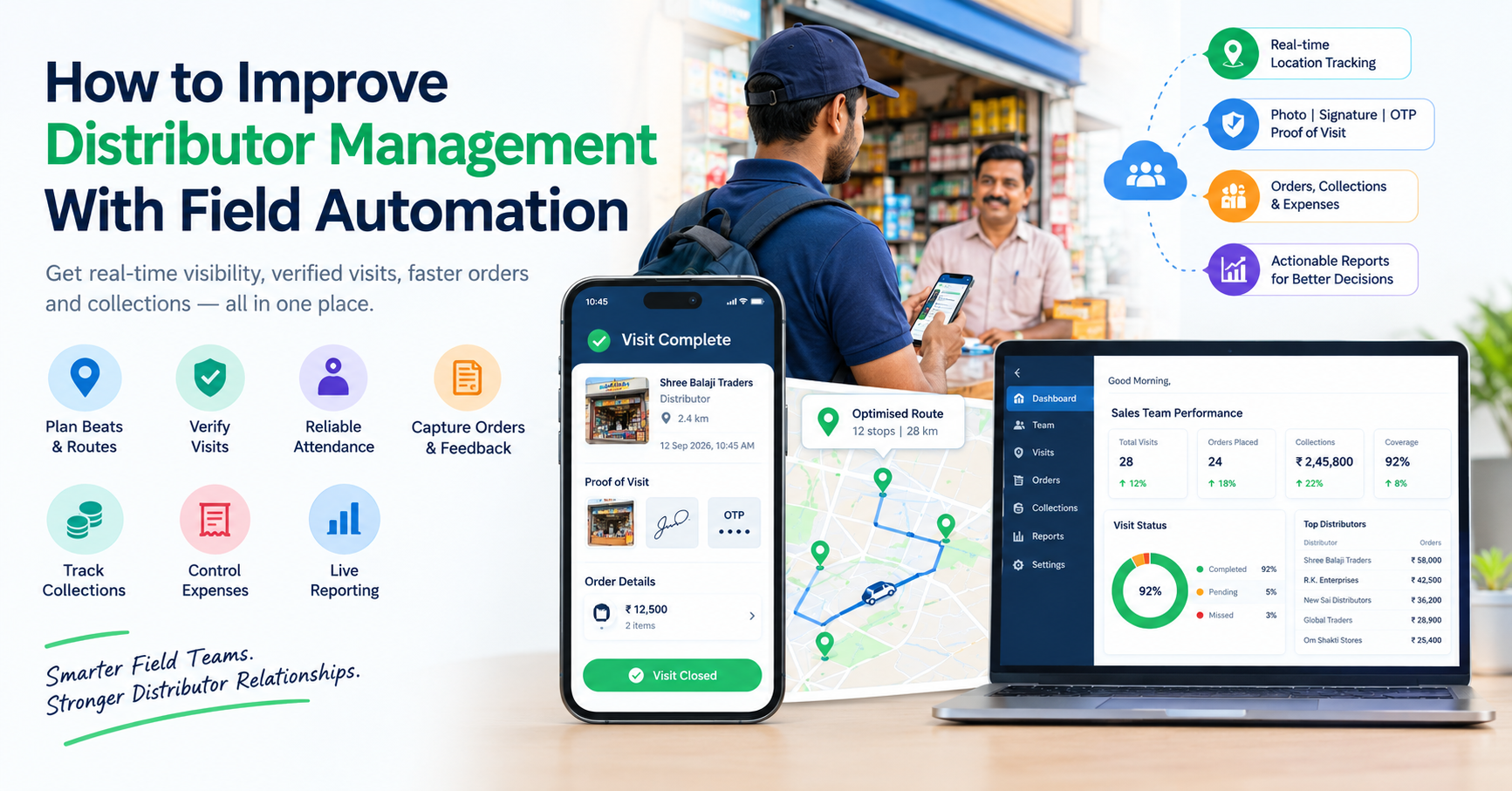 Distributor management with field automation featuring GPS tracking, verified field visits, beat planning, order capture, collection tracking, and real-time reporting.