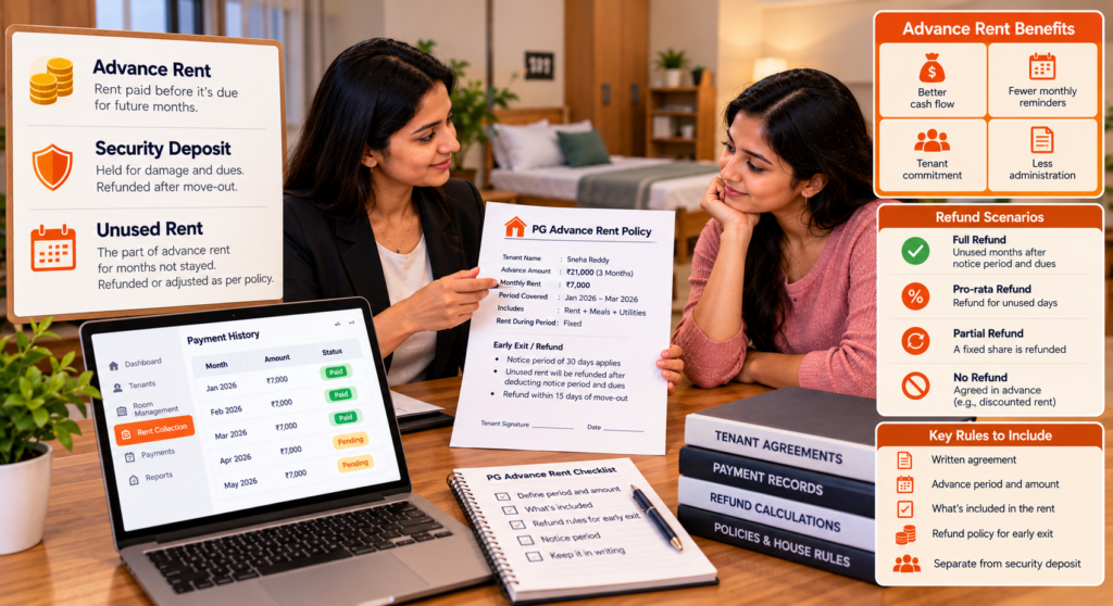 PG advance rent policy showing a property manager explaining advance payments, security deposits, unused rent refunds, payment records, and early move-out refund rules to a tenant.